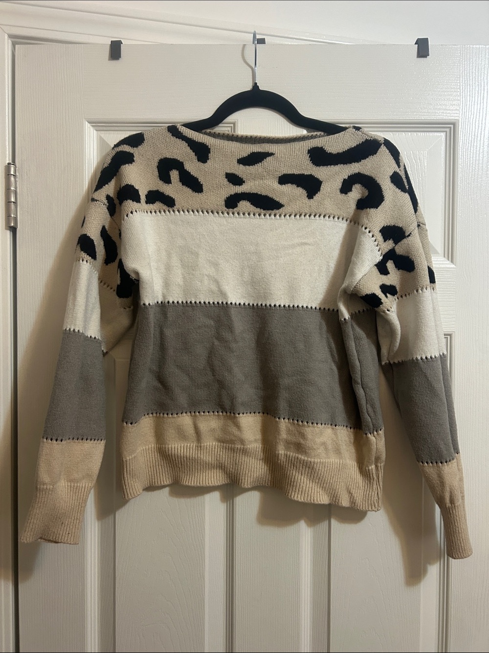 Neutral Colorblock Leopard-Accent Crewneck Sweater
